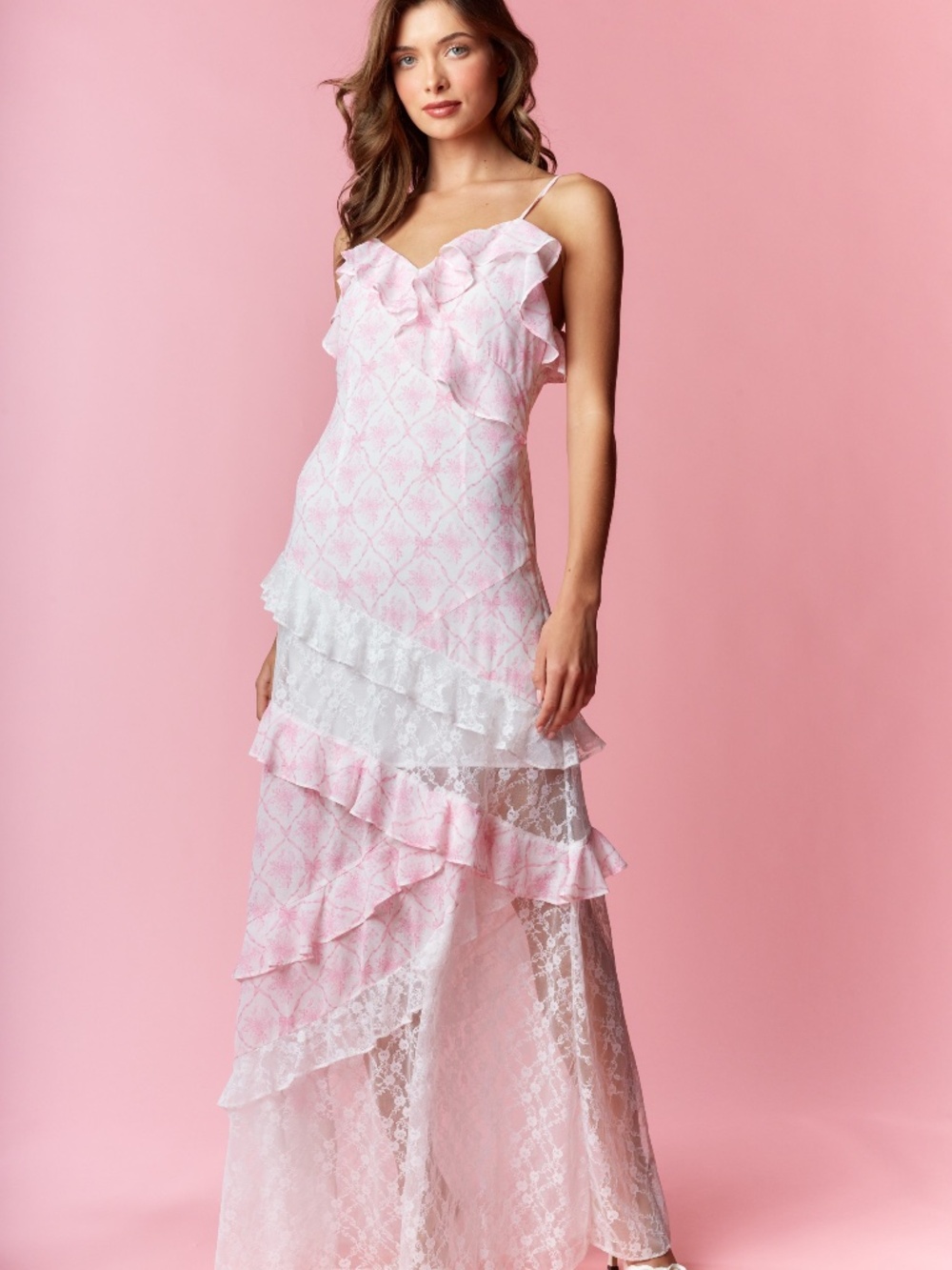 Coquette Printed Lace Mixed Ruffle Maxi Dress